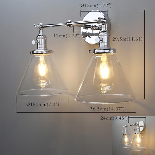 Image of PERMO Double Sconce Chrome Industrial 2-Lights Wall Sconces with Funnel Flared Glass Clear Glass Shade Vanity Light for Bedroom (Chrome)