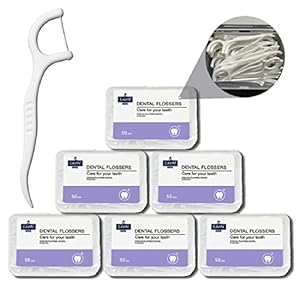 Unwaxed Dental Floss Picks 300 PCS w/Travel Carry Case, Plastic Deep Clean Flosser for Your Daily Oral Care, Unflavored Durable Flossing with Toothpick (50 Count/Box, Pack of 6)