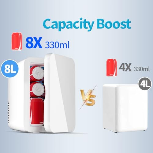 Image of Mini Fridge for Bedroom - 8 Liter /8 Can Portable Refrigerator for Car, Office, Dorm - Quiet Cooler & Warmer for Food, Drinks, Makeup & Skincare - AC /DC Power Supply