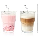 FANGCCC 2 Pack 400ml Glass Cups with Lids and Straws – Clear Ribbed Glass Tumblers with Straw Brush Iced Coffee Cups for Iced Coffee, Smoothies, Matcha, Lattes & Cocktail (400ml-2Pack)