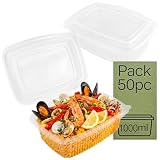 Majillux 50 Envases de Plástico PP con Tapa Bisagra 1000 ml - Tupper Reutilizable Hermético para Comida Caliente o Fría, Apto Microondas y Congelador, Ideal Take Away, Meal Prep y Delivery
