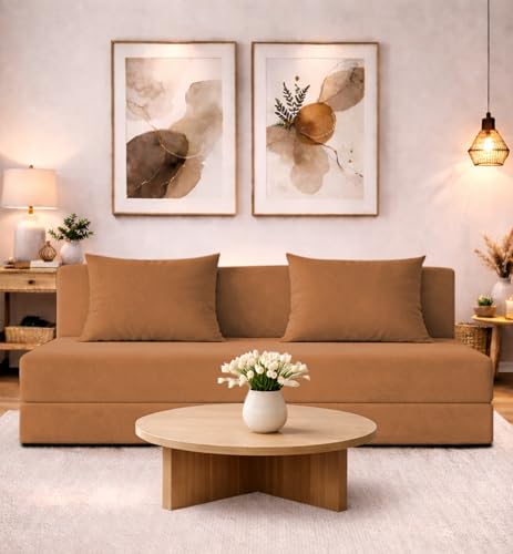 Image of Adorn India Easy 4 Seater Sofa Cum Bed | Velvet Fabric | Tan | Plain Design | 6x6 Ft | Comfortable Seating | Washable Cover | Perfect for Home & Office