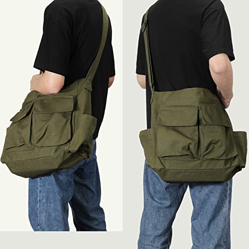 Iaugo Canvas Messenger Bag Large Hobo Crossbody Bags With Multiple Pockets,School Vintage Shoulder Laptop Bag For Women And Men-Army Green thumb #5
