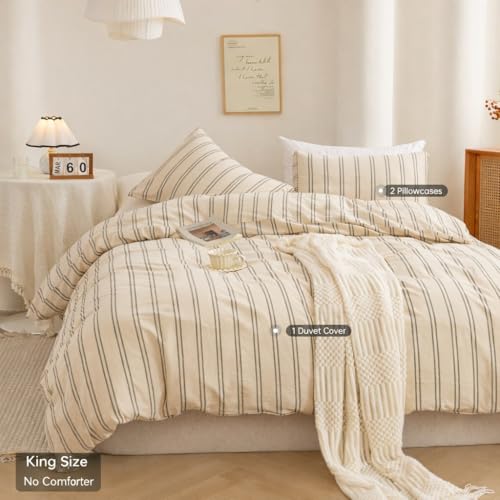 Image of ECOCOTT Duvet Cover King Size 100% Washed Cotton Green Striped Bedding Set - 3 Pcs Soft Breathable Linen-Like Comforter Cover with Zipper Closure & Corner Ties, No Comforter
