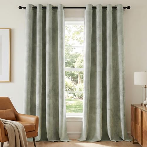 H.VERSAILTEX Velvet 100% Blackout Curtains for Living Room Full Light Blocking Curtains Thermal Insulated Room Window Drapes Soft Luxury Curtains Grommet Top 2 Panels (55" W x 84" L, Sage)