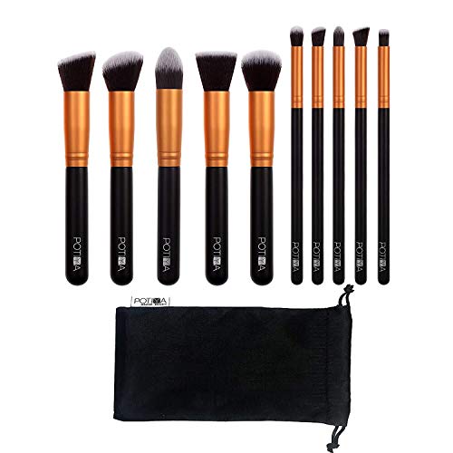 Makeup Brushes Set 10Pcs Kit Professional Premium Synthetic Highlighting Shader Blending Buffing Cosmetic Tool (Golden Black)
