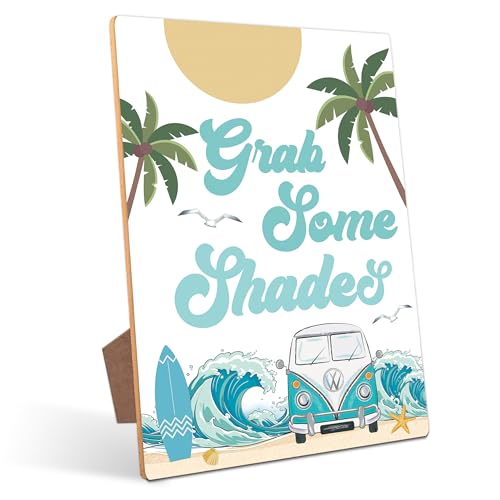 Grab Some Shades Table Sign - Boy Surfing Surf Birthday Decor, Birthday Decorations, Summer Party Decorations, 8×11 Wooden Party Sign with Stand