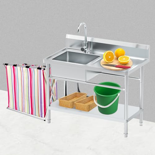 PurezmMoto Free Standing Stainless-Steel Single Bowl, Commercial Restaurant Kitchen Sink with Set w/Faucet & Drainboard Hot and Cold Water Plumbing Workbench & Storage for Garage, Restaurant, Laundry - Thumbnail 4