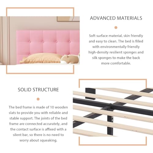 Image of HITHOS Solid Wood Single Size Modern Upholstered Bed Without Storage Wooden Single Cot Bed for Bedroom Living Room Home (Pink)