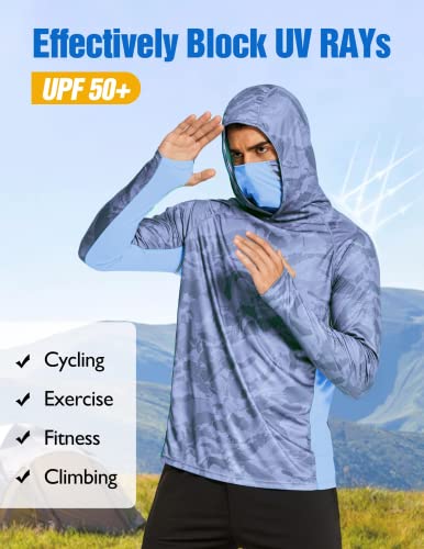 COOrun Men's UPF 50 Sun Protection Hoodies with Mask Built in Hooded Fishing Shirts for Men Long Sleeve Camo Hiking Shirts — view 4