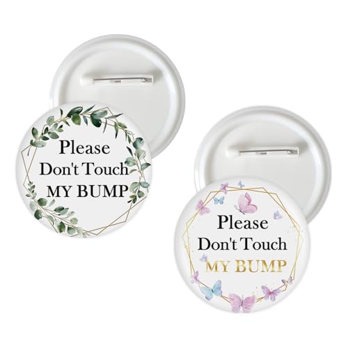 Image of 2 Pcs Do Not Touch My Bump Button Pins, Greenery Pregnancy Badge Pins, Butterfly Pregnant Stain Brooch Button for Pregnancy Announcement /Welcome Baby Party Decorations