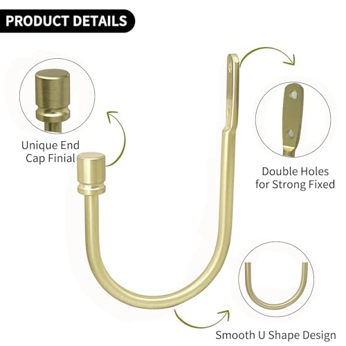 Arnorx 2 PCS Curtain Holdbacks, Metal Decorative Curtain Tiebacks with End Cap Finials, Wall Mounted Window Drapery Holdback Hooks for Living Room, Bedroom and More, Brushed Brass by ARNORX - Image 5