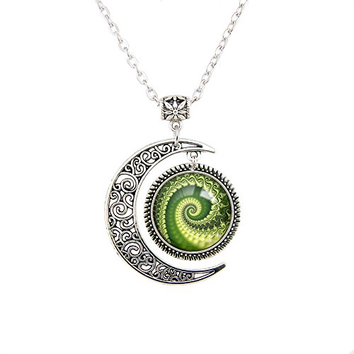 Green Sacred Geometry Necklace Flourish Swirls Fibonacci Spiral Pendant Moon Jewelry Afflatus
