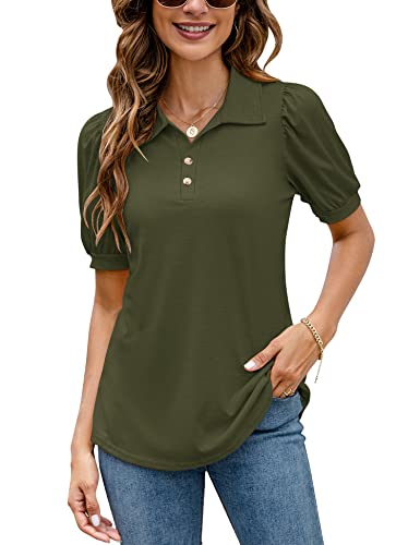 Lomon Womens Short Sleeve Golf Shirt Puff Sleeve Collared Polo Shirts For Work Army Green L #TOP13