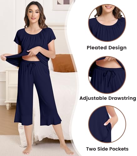 Image of NACHILA Pajamas for Women-Viscose Made from Bamboo,Short Sleeve Sleepwear Cooling Pjs Top with Capri Pants Pajama Sets