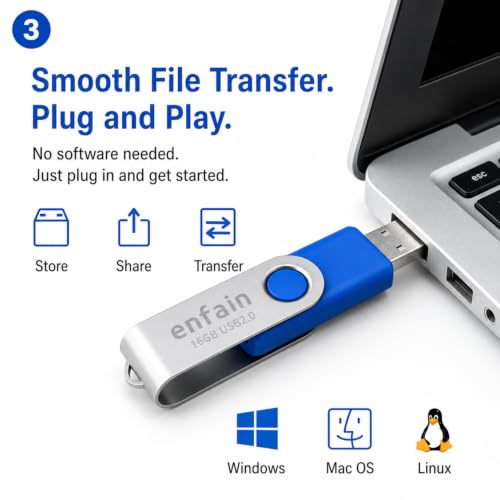 Image of Enfain Swivel USB Flash Drive 10 Pack, Blue Thumb Drives with Labels and Gift-Ready Box, 16GB USB 2.0 for Office, Classroom, Training, Team File Sharing