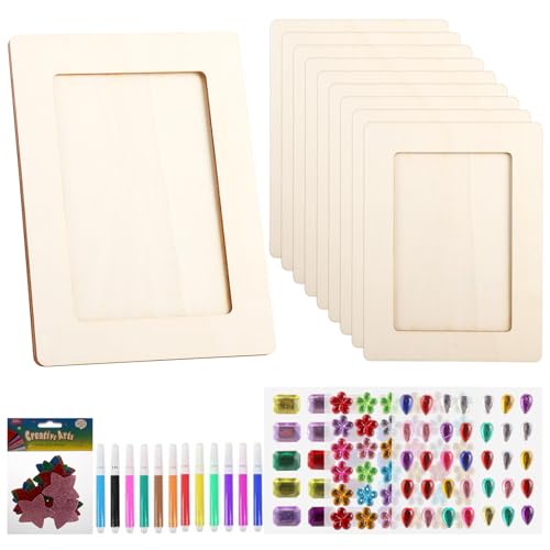 LDHHYH 10Pack DIY Wooden Picture Frames, 15x20cm Wooden Photo Frame Craft Kit, DIY Kids Art Frame with Glitter Stickers and Color Pens, Picture Frames Painting Craft Kit for DIY Paint Decorate