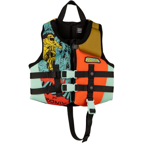 RONIX Boy's Vision CGA Life Vest | Durable Lightweight Neoprene Soft Swimming Life Jacket for Boating and Watersports with Plush Inner & Back Supportive Foam, Blue/Orange/Yellow, Child