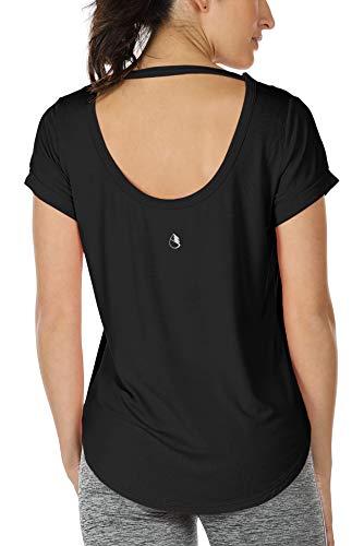 Image of icyzone Open Back Yoga Shirts for Women - Exercise Workout Tops, Athletic Short Sleeves, Running T-Shirts Loose Fit