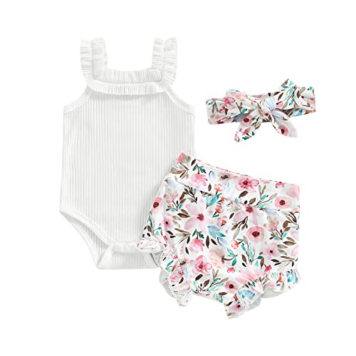 Image of fhutpw Baby Girl Clothes Summer Cute Outfits 3 6 12 18 Months Spaghetti Strap Romper & Floarl Shorts Sets