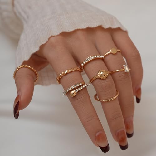 YEEZII 68 Pcs Gold Knuckle Rings Set for Women, Stackable Rings Boho Joint Finger Midi Ring Hollow Carved Crystal Stacking Rings Pack - Image 2