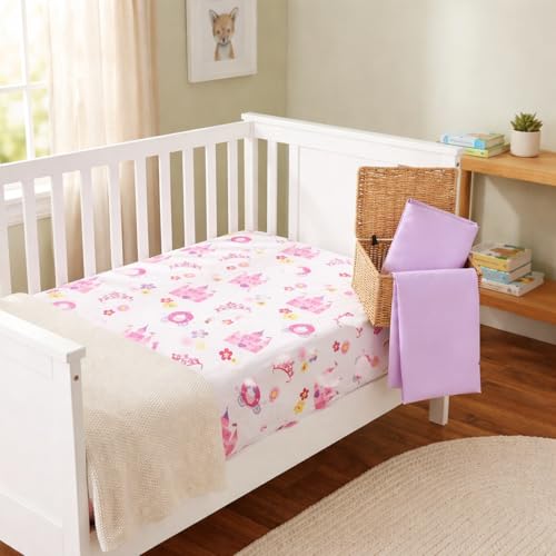 Image of Everyday Kids 2 Pack Fitted Girls Crib Sheet, 100% Soft Breathable Polyester Baby Sheet, Fits Standard Size Crib Mattress 28in x 52in, Nursery Sheet - Princess /Lavender