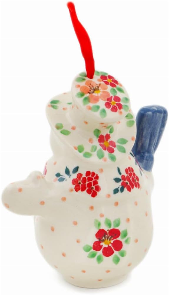 Polmedia Polish Pottery Snowman Ornament UNIKAT - Pink Divinity Pattern Handmade in Boleslawiec Poland by Ceramika Artystyczna + Certificate of Authenticity