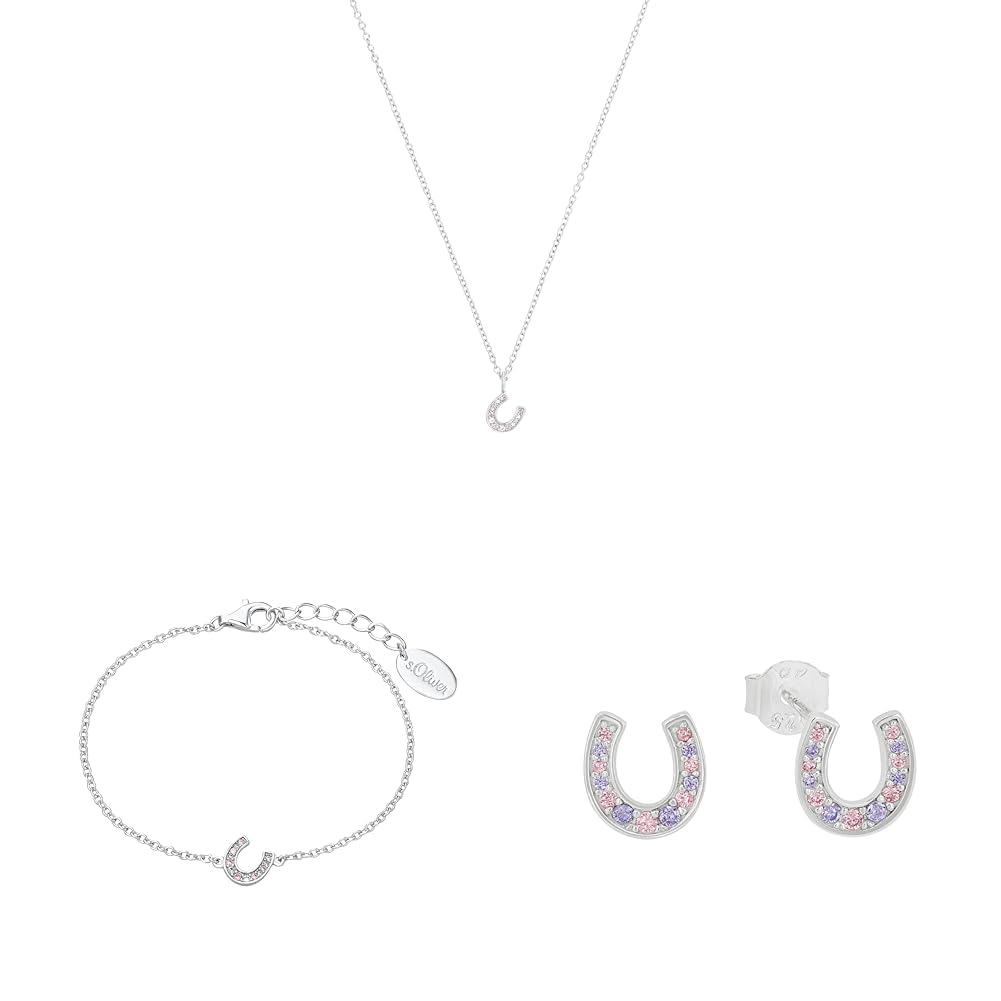 s.Oliver Schmuckset für Mädchen aus 925 Sterling Silber, rhodiniert, Halskette, Armband und Ohrstecker mit Hufeisen Design