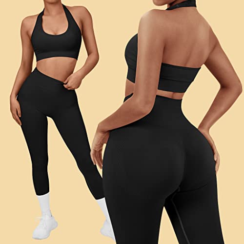 Suuksess Women Seamless Halter Sports Bra Padded Backless Padded Workout Crop Tops(Black, M) #TOP4