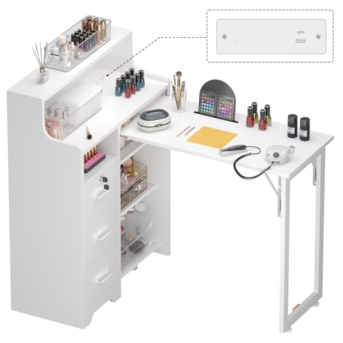 DUDUSHIMAN Foldable Nail Desk for Nail Tech L Shape Manicure Table with Cabinet Drawer & Built-in Charging Station Portable Nail Table for Beauty Salon Workstation (White)