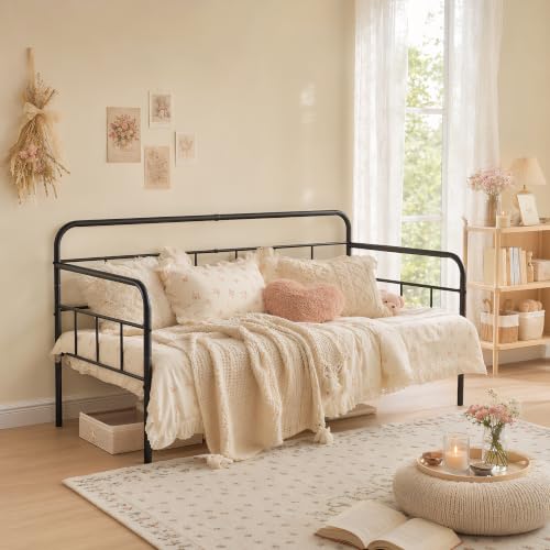 Songvas Canapé Lit 90x190cm, Lit Banquette, Construction Métallique Robuste, Espace de Rangement sous 32cm, Lit Canapé, 1 Personne, adapté pour Chambre, Salon, Noir/ MS001