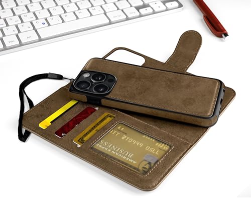 MyGadget Funda para iPhone 15 Pro - Flip Case Libro con Tapa Magnética - Cover Cartera con Soporte - Carcasa Separable Anticaidas con Cierre - Marrón