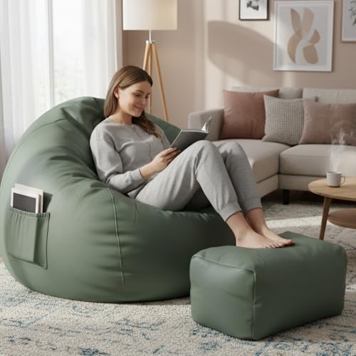 Image of Luxury 5XL Jumbo Bean Bag with Footrest & Cushion | Premium Leatherette | High-Density Beans Filled | Heavy Duty Double Stitch | 6 Months Warranty Color- (Navy Blue) (SAGE Green)