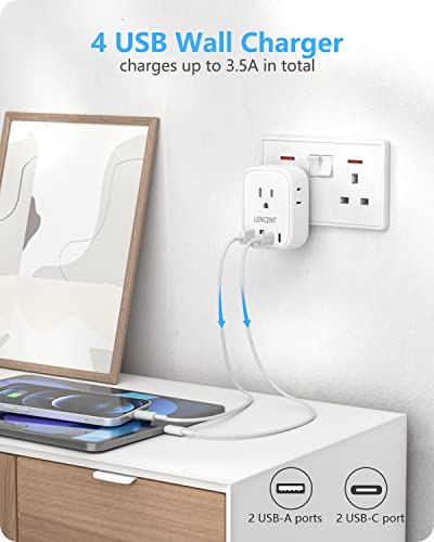 LENCENT US to UK Ireland Travel Plug Adapter,Grounded Type G Adapter for Travel with 4 Outlets 4 USB Ports (2 USB C), Power Plug for USA to Dubai Scotland British London England Hong Kong Irish Qatar