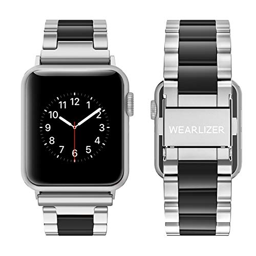 Wearlizer Compatible with Apple Watch Bands 42/44/45/46/49mm Men Womens Replacement Strap Silver Stainless Steel & Black Resin Wristband Fashion iWatch Series 11 10 9 8 7 6 5 4 3 SE/Ultra 3 2 1 — view 3