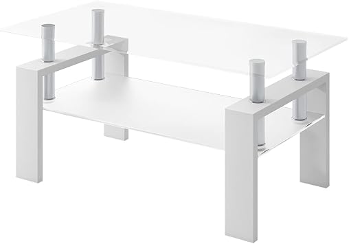 OSJ Glass Table, Coffee Table, Width 34.6 inches 88 cm, Tempered Glass Top Clear Top Plate + White Legs