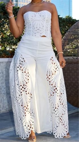 Qikaka Women's 2 PCS Lace Tube Tops Bodycon Wide Leg Pants Sexy Nightclub Party Tracksuit Outfits Set2