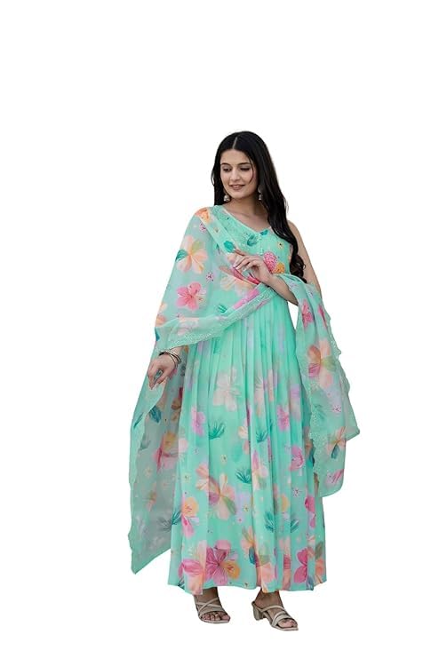 Image of KD Women's Floral Print Anarkali Kurta Set with Pant and Dupatta, Georgette, Full Sleeves, Asymmetric Hemline