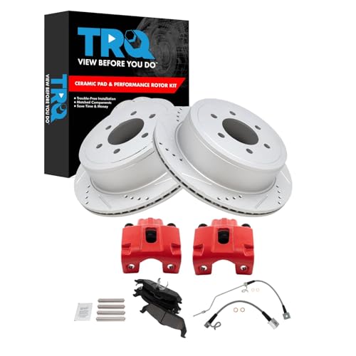 Image of TRQ Performance Rear Brake Pad and Rotor Set Ceramic Coated Drilled Slotted | For 2004-2008 Ford F-150 2006-2007 Lincoln Mark LT