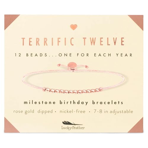 Lucky Feather 12 Year Old Girl Gifts | 12th Birthday Bracelet 14K Gold, Silver, Rose Gold Dipped Beads on Adjustable Cord | Birthday Gift 12 Year Old Girl | Birthday Gift Card For Girls | Trendy Gifts