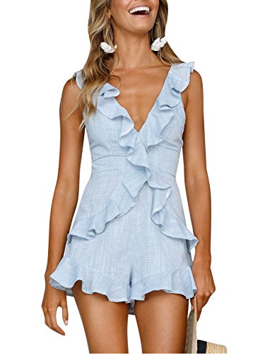 Simplee Women s Summer Beach V Neck Ruffle Sleeveless High Waist Jumpsuit Romper, Light Blue, 4 6, Small
