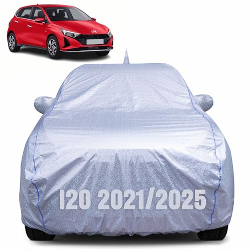 Image of 100% Waterproof Car Body Cover for Hyundai i20 (2021-2025) with Mirror Pocket, Heat & UV Resistant, Triple Stitched, Soft Lining, Bottom Elastic & Piping (Silver Reflective)