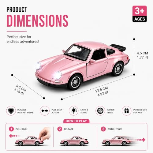 Image of 1:36 Scale Porscha 911 Die-Cast Alloy Toy Car - Pull-Back Metal Sports Car with Openable Doors, LED Lights & Sound - Collectible Model for Kids, Boys & Enthusiasts (Pink)