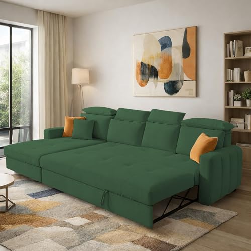 Image of Casaliving Gagnon LHS 6 Seater L Shape Corner Sofa Cum Bed for Living Room (Green Fabric) Premium Fabric Sofa