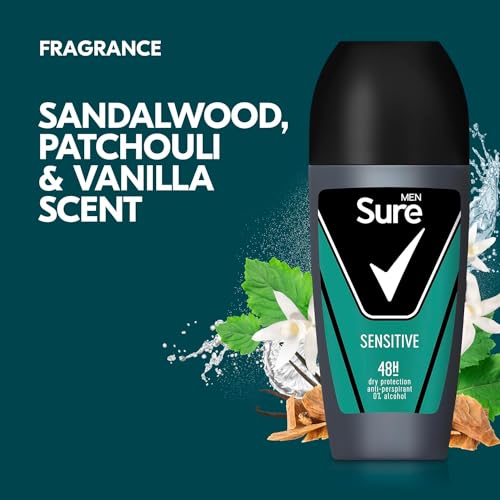 Sure Antiperspirant Roll On Sensitive 48H Sweat and Odour Protection Roll On with Sandalwood, Patchouli and Vanilla Fragrance Deodorant for Men, 50ml Pack of 6 - Image 4