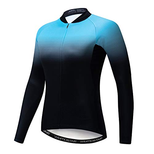 Weimostar Cycling Jersey Women's Long Sleeve Tops Bike Shirts MTB Bicycle Jacket with Pockets Blue Black Size S