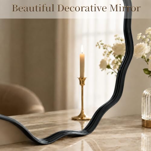 Image of VooBang Black Scalloped Circle Mirror 20 inch Wavy Edge Round Wall Mirror