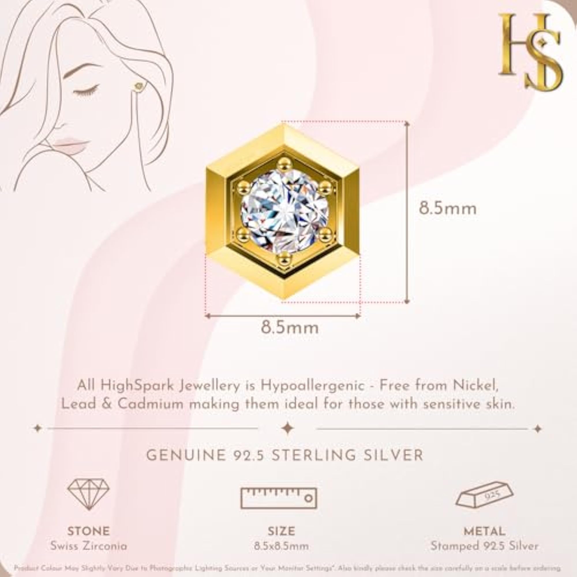 Women's 925 Silver Hexagon Solitaire Earrings in 18K Gold Finish