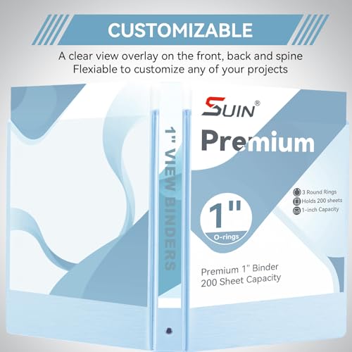 Image of SUIN 1 Inch 3 Ring Binder, Clear 1'' View Presentation Binders with 2 Pockets, Fits 8.5 x 11 Letter Size, Durable Polypropylene, Non-Stick & PVC-Free for School, Office & Home (Brushed Blue)