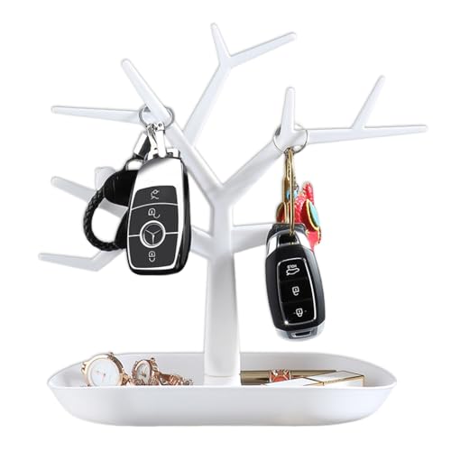 OULIGET Tabletop Key Holder Stand Tree Key Rack,Stand Jewelry Display Necklace Ring Earring Holder Rack,Jewelry Organizer Tray Home Decor for Home Entryway (White)